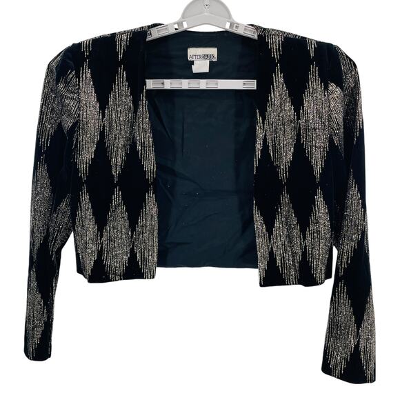 Vintage After Dark Black Velvet Glitter Argyle Cropped Dressy Evening Jacket 10 - Picture 2 of 10